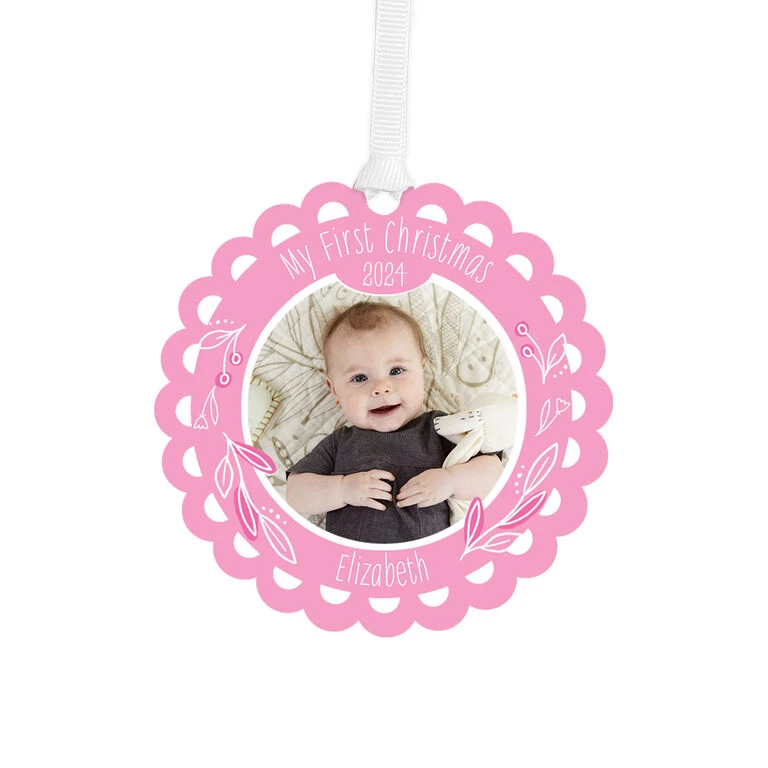 Hallmark Baby’s First Christmas Pink Scalloped Personalized Text And Photo Metal Ornament