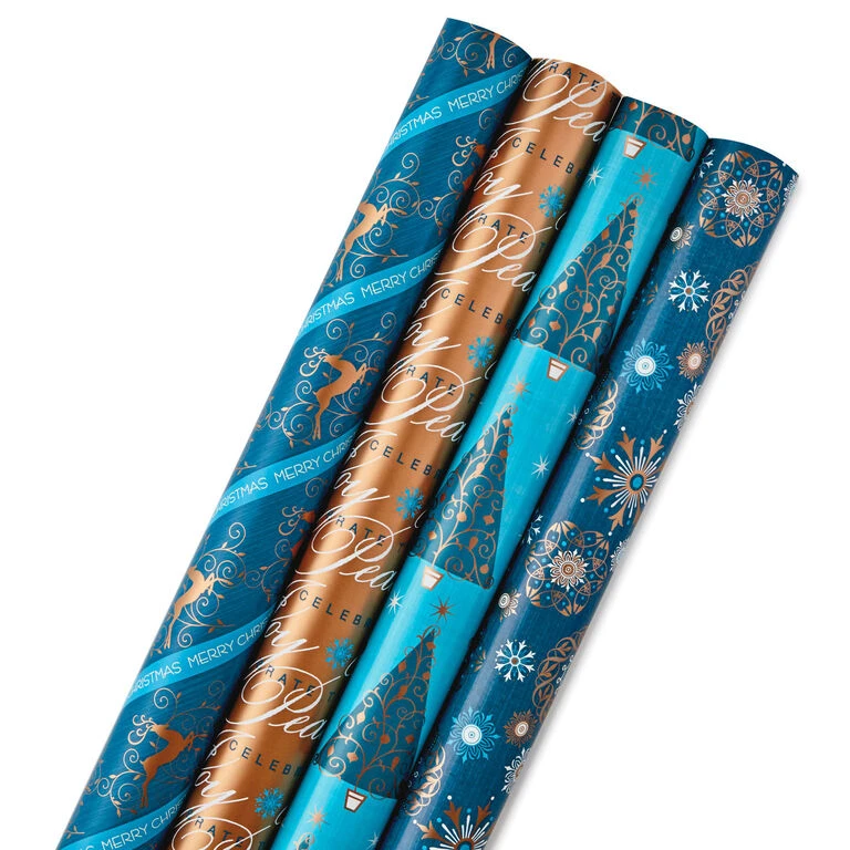 Hallmark Elegant Blues 4-Pack Blue And Gold Reversible Wrapping Paper, 150 Sq. Ft.