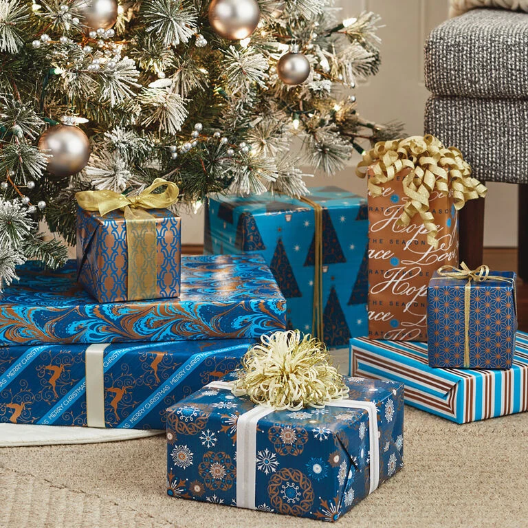 Hallmark Elegant Blues 4-Pack Blue And Gold Reversible Wrapping Paper, 150 Sq. Ft. - Image 2