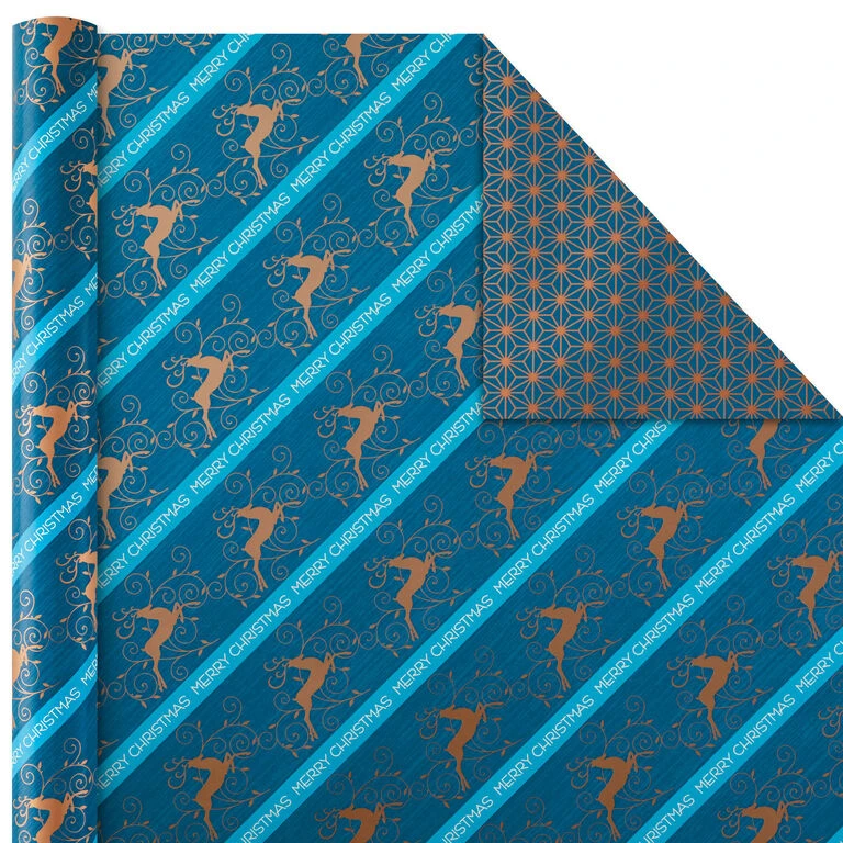 Hallmark Elegant Blues 4-Pack Blue And Gold Reversible Wrapping Paper, 150 Sq. Ft. - Image 3