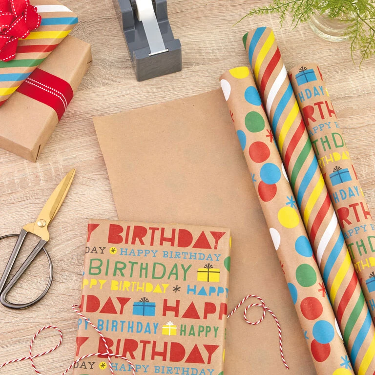 Hallmark Primary Birthday 3-Pack Kraft Wrapping Paper, 105 Sq. Ft. Total - Image 2
