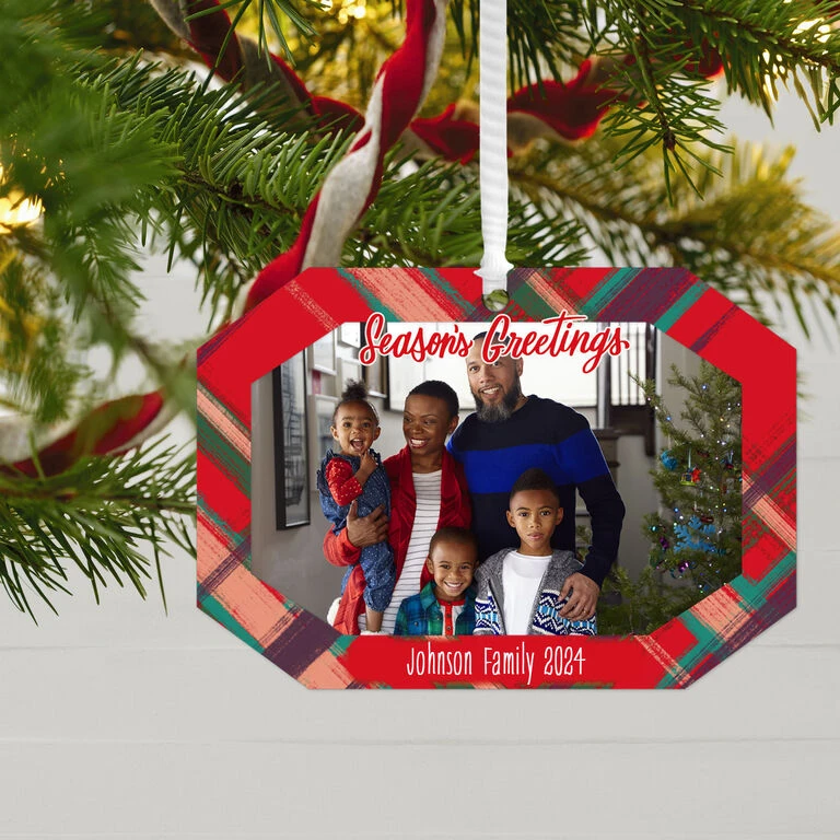Hallmark Red Plaid Personalized Text And Photo Metal Ornament - Image 2