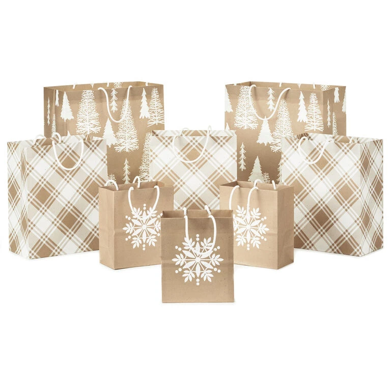 Hallmark Christmas Kraft 8-Pack Holiday Gift Bags, Assorted Sizes And Designs